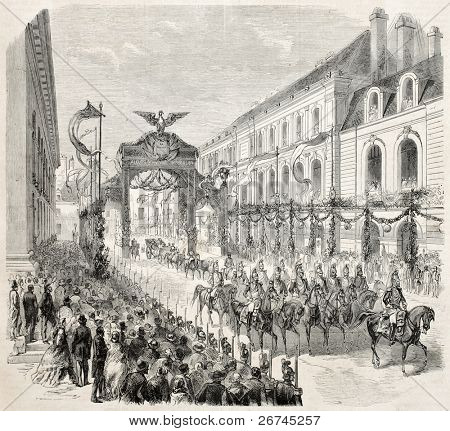Napoleon III and Empress Eugenie entrance in Dijon. Created by Godefroy-Durand, published on L'Illustration, Journal Universel, Paris, 1860