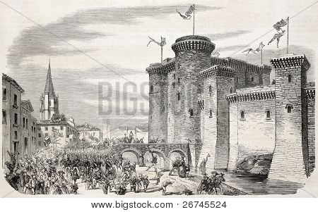 พาเหรดทหารหน้าปราสาท Tarsacon สร้าง โดย Mettais เผยแพร่เมื่อ L'Illustration, Journa