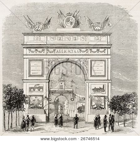 Triumphal arch built in Valladolid near the railway station, Spain. Created by Godefroy-Durand, published on L'Illustration, Journal Universel, Paris, 1858