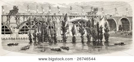 Railway bridge over the Pisuerga river near Valladolid, Spain. Created by Godefroy-Durand, published on L'Illustration, Journal Universel, Paris, 1858