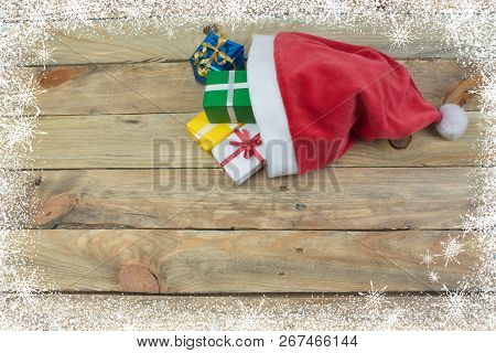 Christmas Holidays Composition On Wooden Background. Top View With Copy Space.
