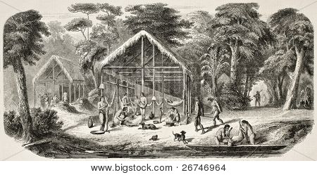 Aldea del Caribe en Guyana Holandesa. Creado por gusanos después de Bray, publicado en L'Illustration, revista