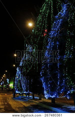 Walk With Street Lamps At Night Cityscape