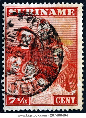 Suriname - Circa 1972: A Stamp Printed In Suriname Shows The Netherlands Royal Family, Birth Of Prin