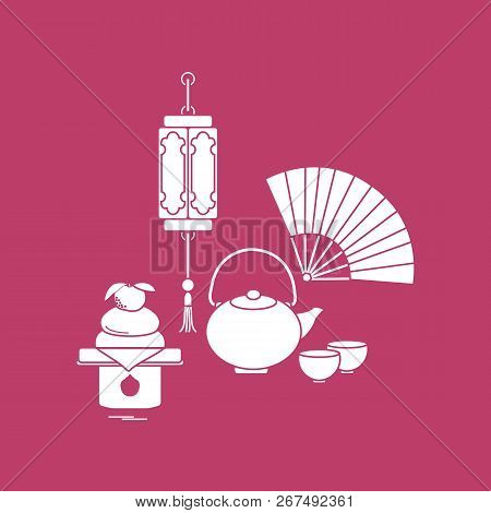 Eastern New Year Symbols. Chinese Lantern, Kettle With Two Cups, Fan, Kagami Mochi. Festive Traditio