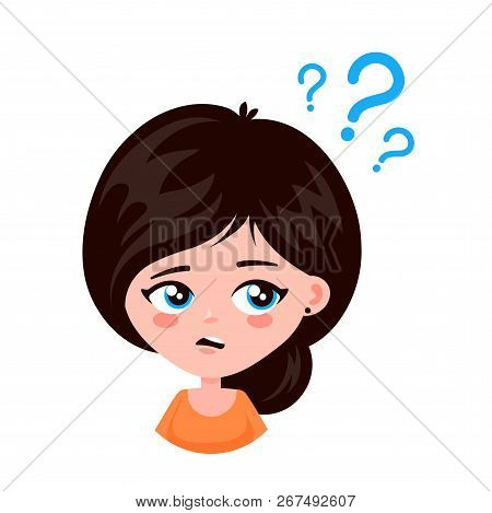 Young Woman Thinking Standing Under Question Marks. Vector Flat Cartoon Illustration Character Icon.
