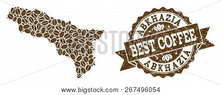 Compositions Of Coffee Map Of Abkhazia And Grunge Stamp Seal. Mosaic Vector Map Of Abkhazia Is Compo