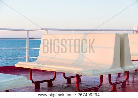 Piombino Channel Crossing With Ferry Boat In Summer