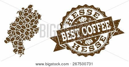 Compositions Of Coffee Map Of Hesse State And Grunge Stamp Seal. Mosaic Vector Map Of Hesse State Is