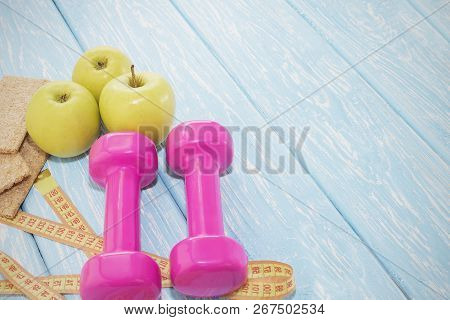 The Concept Of A Healthy Diet. Small Dumbbells. Healthy Lifestyle. Sport. Fitness Food.
