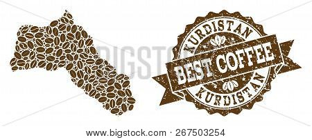 Compositions Of Coffee Map Of Kurdistan And Grunge Stamp Seal. Mosaic Vector Map Of Kurdistan Is Com