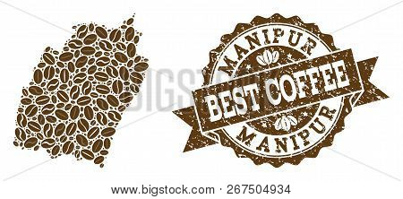 Compositions Of Coffee Map Of Manipur State And Grunge Stamp Seal. Mosaic Vector Map Of Manipur Stat
