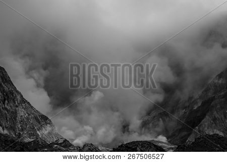 Smoke Rising Up On White Island, New Zealand In Black And White