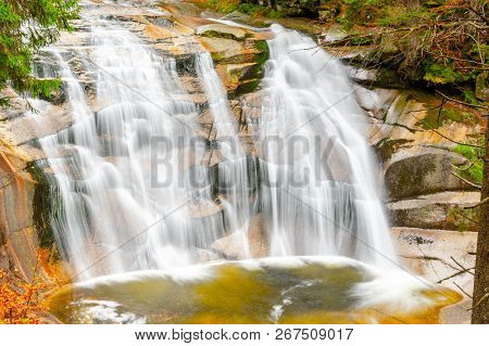 Mumlava Waterfall In Autumn, Harrachov, Giant Mountains, Krkonose National Park, Czech Republic.