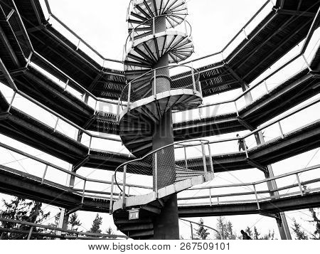 Lipno Nad Vltavou, Czech Republic - 26 September 2017. Spiral Staircase In The Middle Of The Treetop