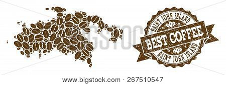 Compositions Of Coffee Map Of Saint John Island And Grunge Stamp Seal. Mosaic Vector Map Of Saint Jo