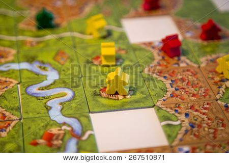 Basel, Switzerland - February 05, 2017: Close Up Of The Popular Board Game Carcassonne