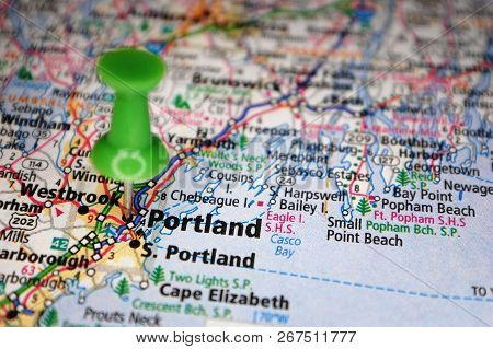 A Map Of Portland, Maine Marked With A Push Pin.