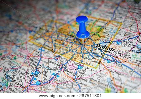 A Map Of Dallas, Texas Marked With A Push Pin.