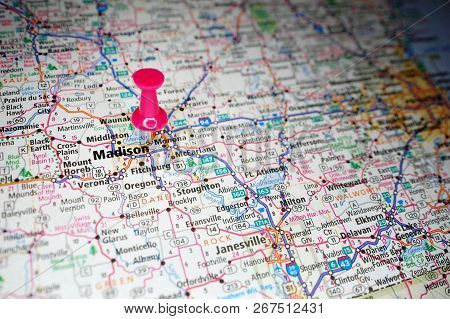 A Map Of Madison, Wisconsin Marked With A Push Pin.