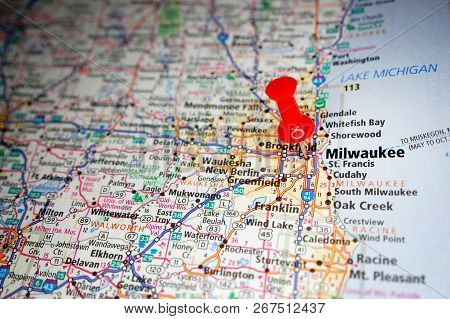 A Map Of Milwaukee, Wisconsin Marked With A Push Pin.