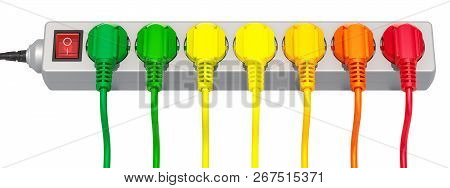 Saving Energy Consumption Concept, Row From Colored Plugs 3d Rendering Isolated On White Background