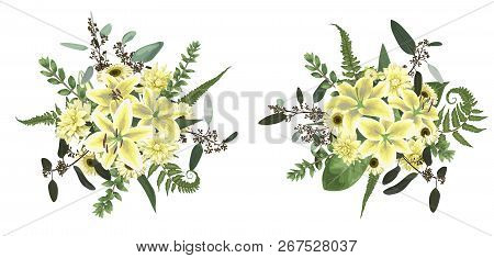 Vector Floral Bouquet Design Set, Green Forest Leaf, Fern, Branches, Buxus, Eucalyptus. Flowers Of Y