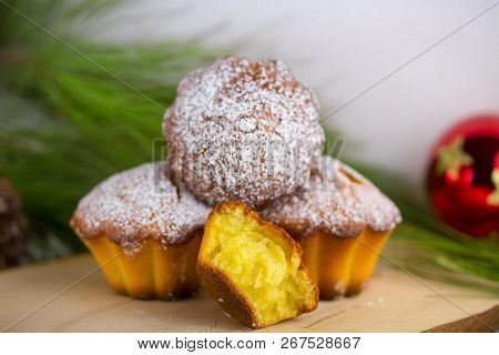 Homemade Cristmas Cupcake, Christmas Muffins And New Yaer Decoration On The Light Background And Pin