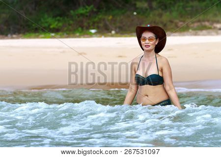 Woman Shape Sexy With Bikini Play Wave On Beach At Bang Beot Beach, Chumphon Province Thailand