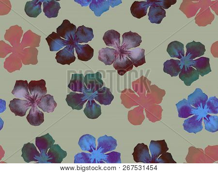 Hawaiian Watercolor Pattern. Ultraviolet Floral Tropical Seamless Print. Hibiscus And Oleander In Ha
