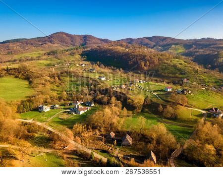 Autumn Aerial Landscape Over Touristic Village Of Sirnea, Fundata - Romania
