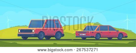 Flat Vector Illustration Of Outdoor Summer Or Spring Landscape With Car On Road. Trip By Car.