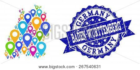Compositions Of Colorful Map Of Baden-wurttemberg State And Grunge Stamp Seal. Mosaic Vector Map Of 