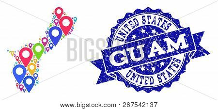 Compositions Of Bright Map Of Guam Island And Grunge Stamp Seal. Mosaic Vector Map Of Guam Island Is