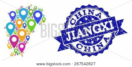 Compositions Of Colorful Map Of Jiangxi Province And Grunge Stamp Seal. Mosaic Vector Map Of Jiangxi