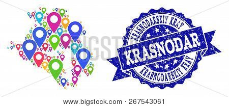 Compositions Of Colorful Map Of Krasnodarskiy Kray And Grunge Stamp Seal. Mosaic Vector Map Of Krasn