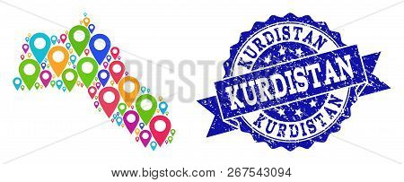 Compositions Of Colorful Map Of Kurdistan And Grunge Stamp Seal. Mosaic Vector Map Of Kurdistan Is C