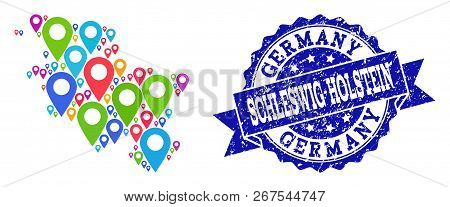 Compositions Of Colorful Map Of Schleswig-holstein State And Grunge Stamp Seal. Mosaic Vector Map Of