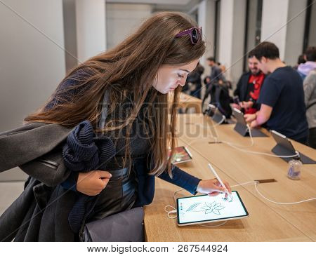 Barcelona, Spain - November 07, 2018: Woman Holding A New Ipad Pro