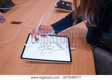 Barcelona, Spain - November 07, 2018: Woman Holding A New Ipad Pro