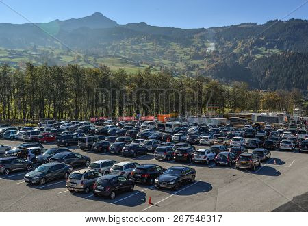Grindelwald, Switzerland - Oct 21, 2018. Parking Lot In Grindelwald, Switzerland. Grindelwald Was On