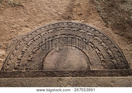 Moon Stone At Buddha Seema Prasada Baddhasima Prasada In The Ancient City Polonnaruwa, Sri Lanka