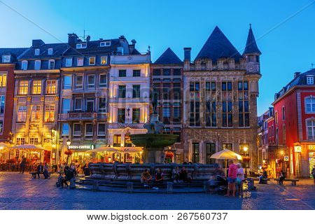 Night View At The Market Square In Aachen, Germany, At Night