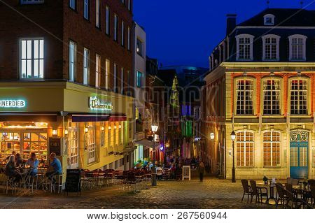 Night View In The Old Town Of Aachen, Germany, At Night