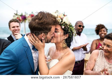 Young Caucasian couple's wedding day