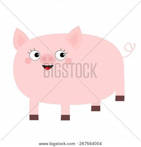 Pink Pig Animal. Smiling Face. Cute Cartoon Funny Baby Character. Hog Swine Sow. Eyes With Eyelashes