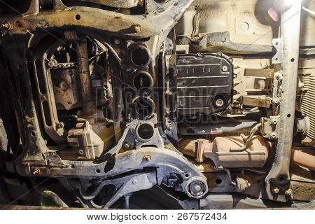 View Of The Car From Below. Autoservice Center. Car Maintenance