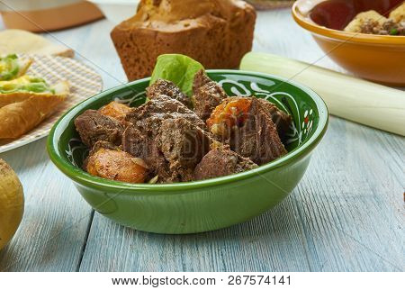 Scouse,  Lamb Or Beef Stew,  Welsh, Cuisine, British Traditional Assorted Dishes, Top View.