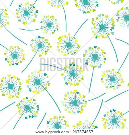 Seamless Colorful Dandelion Pattern. Floral Background Design With Green And Blue Blow Ball Plant. F