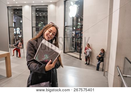 Barcelona, Spain - November 07, 2018: Woman Holding A New Ipad Pro